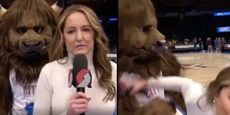 Det blev til et gyldent tv-øjeblik, da maskot sneg sig op bag reporter
