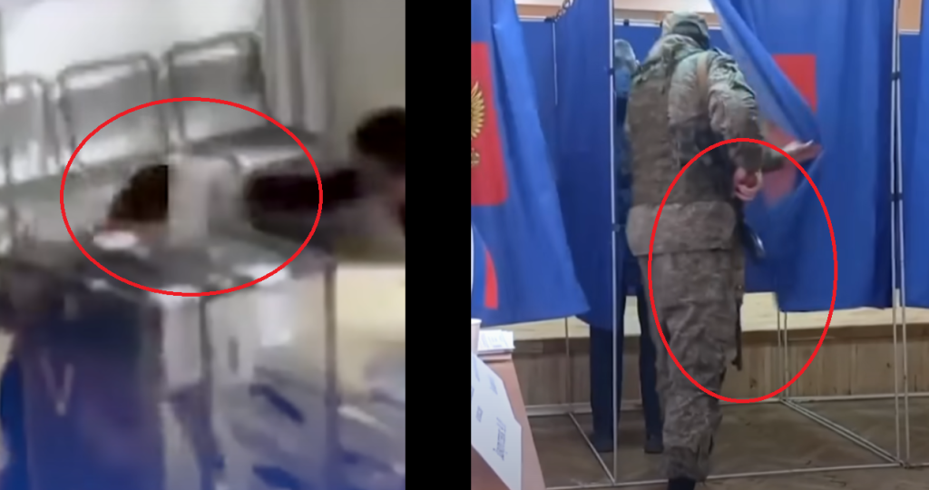 Bevæbnede mænd i stemmeboksene: Videoer viser angiveligt udbredt svindel ved russisk valg.
